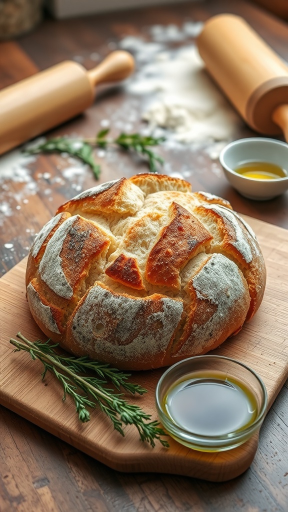 Artisan bread loaf with golden crust and airy interior on a wooden board, surrounded by herbs and olive oil.